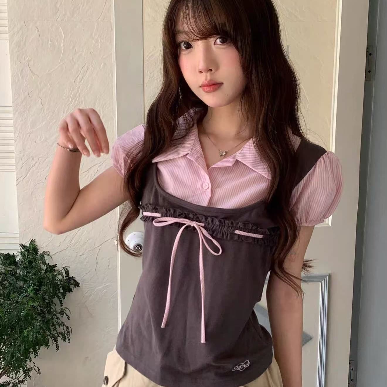 2026 새로운 여름 보르도 학원 패치워크 POLO 칼라 페이크 레이어드 셔츠 달콤함 슬림해 보이는 거품 소매 맨위 이미지 5