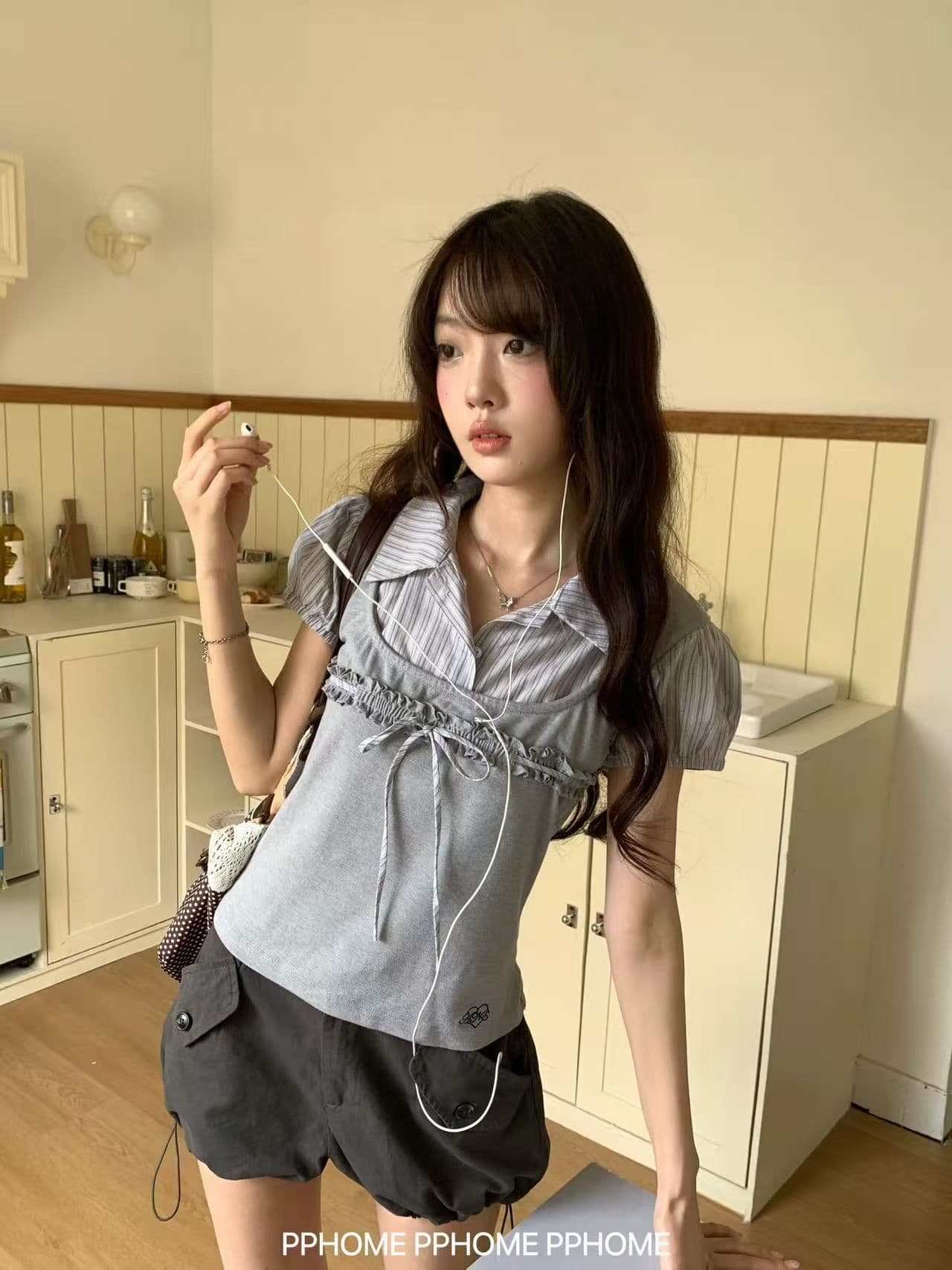 2026 새로운 여름 보르도 학원 패치워크 POLO 칼라 페이크 레이어드 셔츠 달콤함 슬림해 보이는 거품 소매 맨위 상세 이미지 3