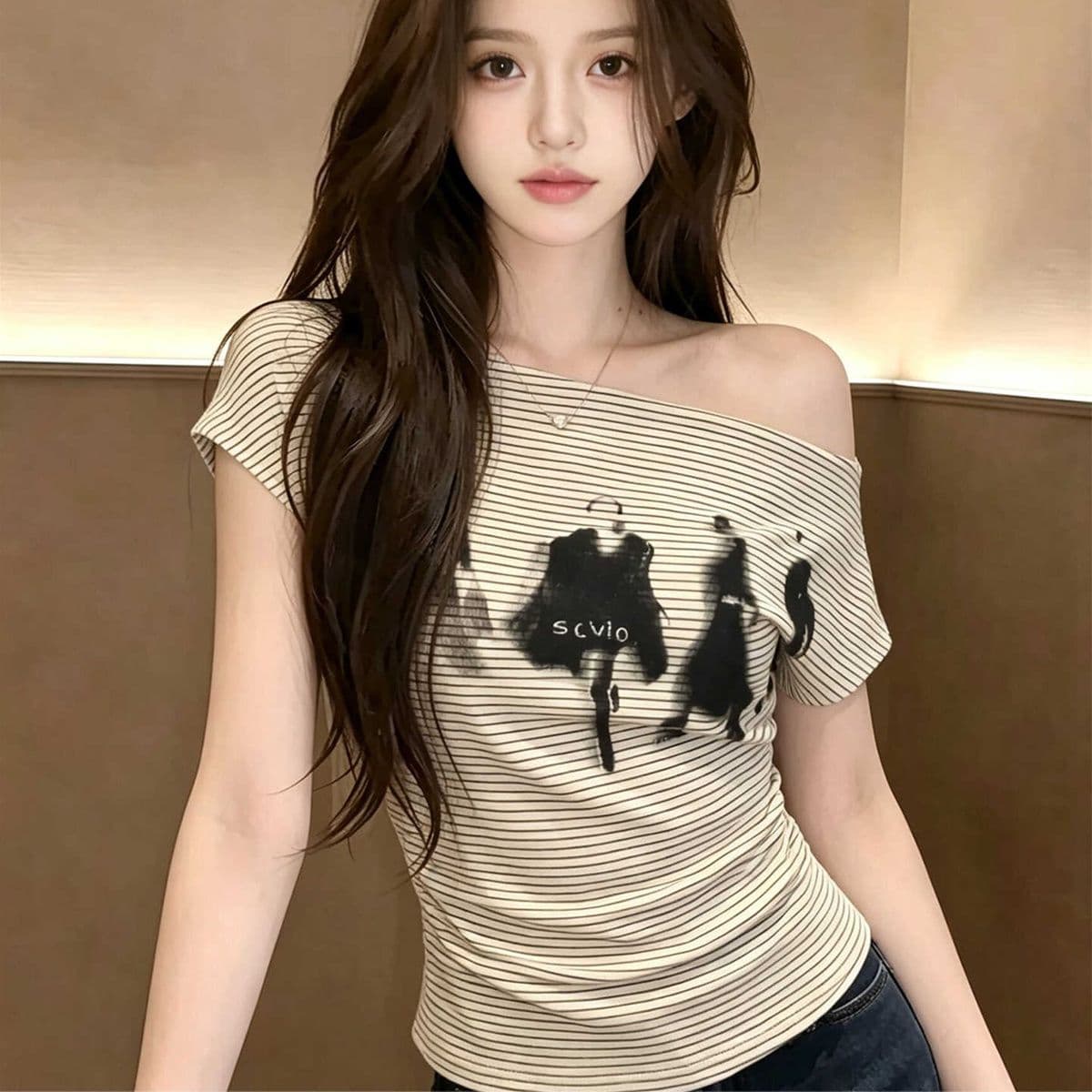 2026 아메리칸 스트라이프 비스듬한 어깨 오프숄더 반팔 티셔츠 여성 몸매 가꾸기 쇼트 스타일 허리 수축 슬림해 보이는 오프숄더 핫걸 맨위 상세 이미지 4