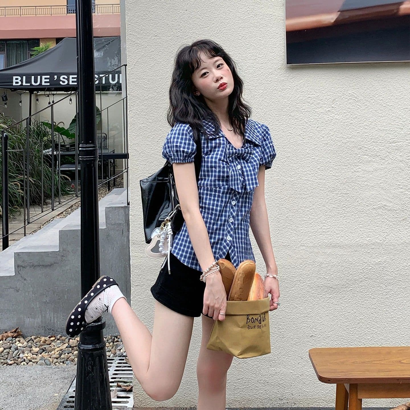 fan 한 부서 레트로 체크무늬 나비 매듭 거품 소매 반팔 여성 셔츠 여름 새로운 허리 수축 슬림해 보이는 맨위 이미지 3