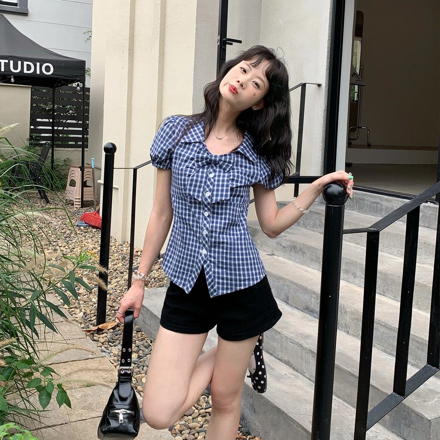 fan 한 부서 레트로 체크무늬 나비 매듭 거품 소매 반팔 여성 셔츠 여름 새로운 허리 수축 슬림해 보이는 맨위 이미지 5