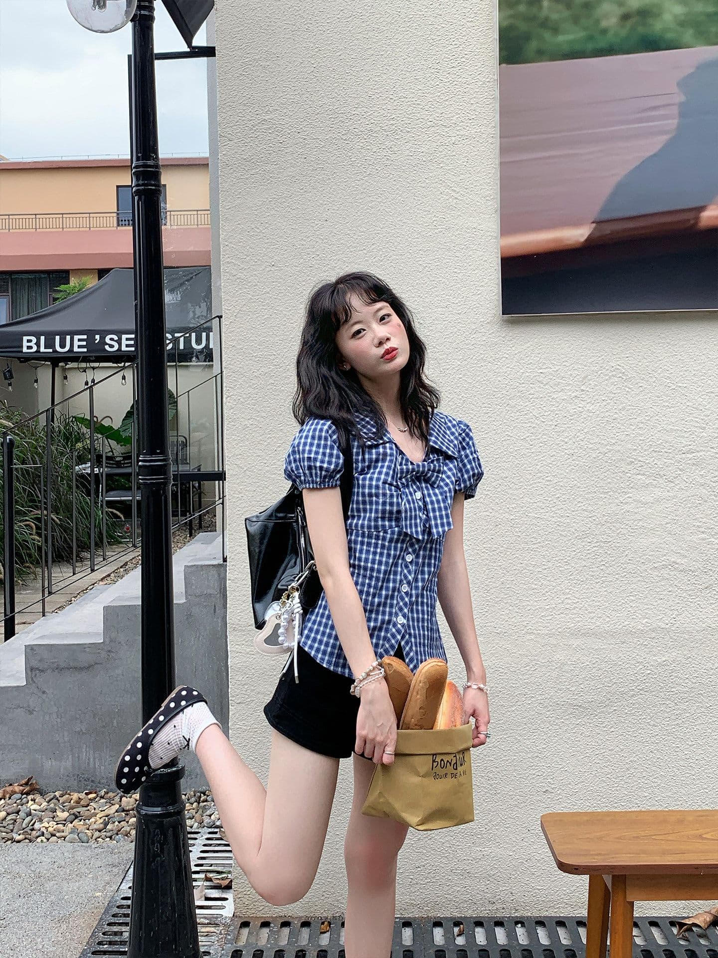 fan 한 부서 레트로 체크무늬 나비 매듭 거품 소매 반팔 여성 셔츠 여름 새로운 허리 수축 슬림해 보이는 맨위 상세 이미지 1