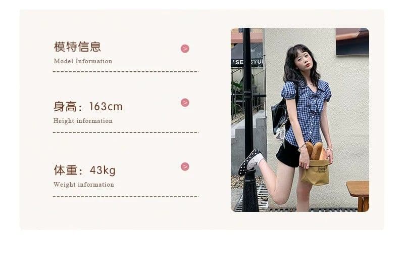 fan 한 부서 레트로 체크무늬 나비 매듭 거품 소매 반팔 여성 셔츠 여름 새로운 허리 수축 슬림해 보이는 맨위 상세 이미지 7