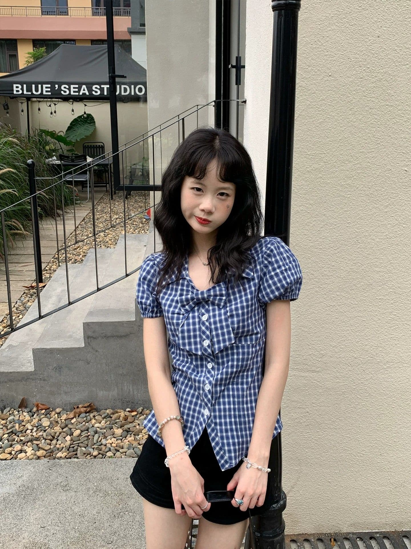 fan 한 부서 레트로 체크무늬 나비 매듭 거품 소매 반팔 여성 셔츠 여름 새로운 허리 수축 슬림해 보이는 맨위 상세 이미지 10