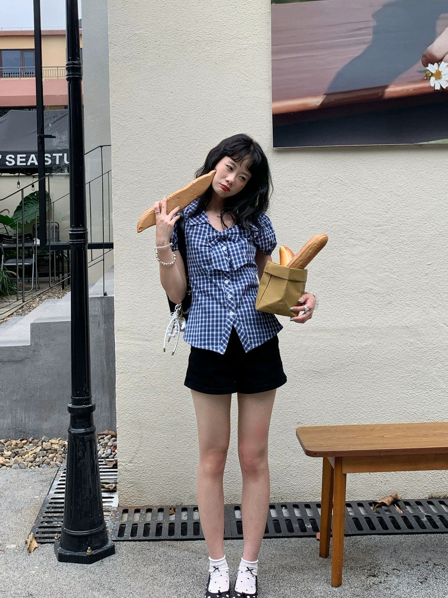 fan 한 부서 레트로 체크무늬 나비 매듭 거품 소매 반팔 여성 셔츠 여름 새로운 허리 수축 슬림해 보이는 맨위 상세 이미지 12