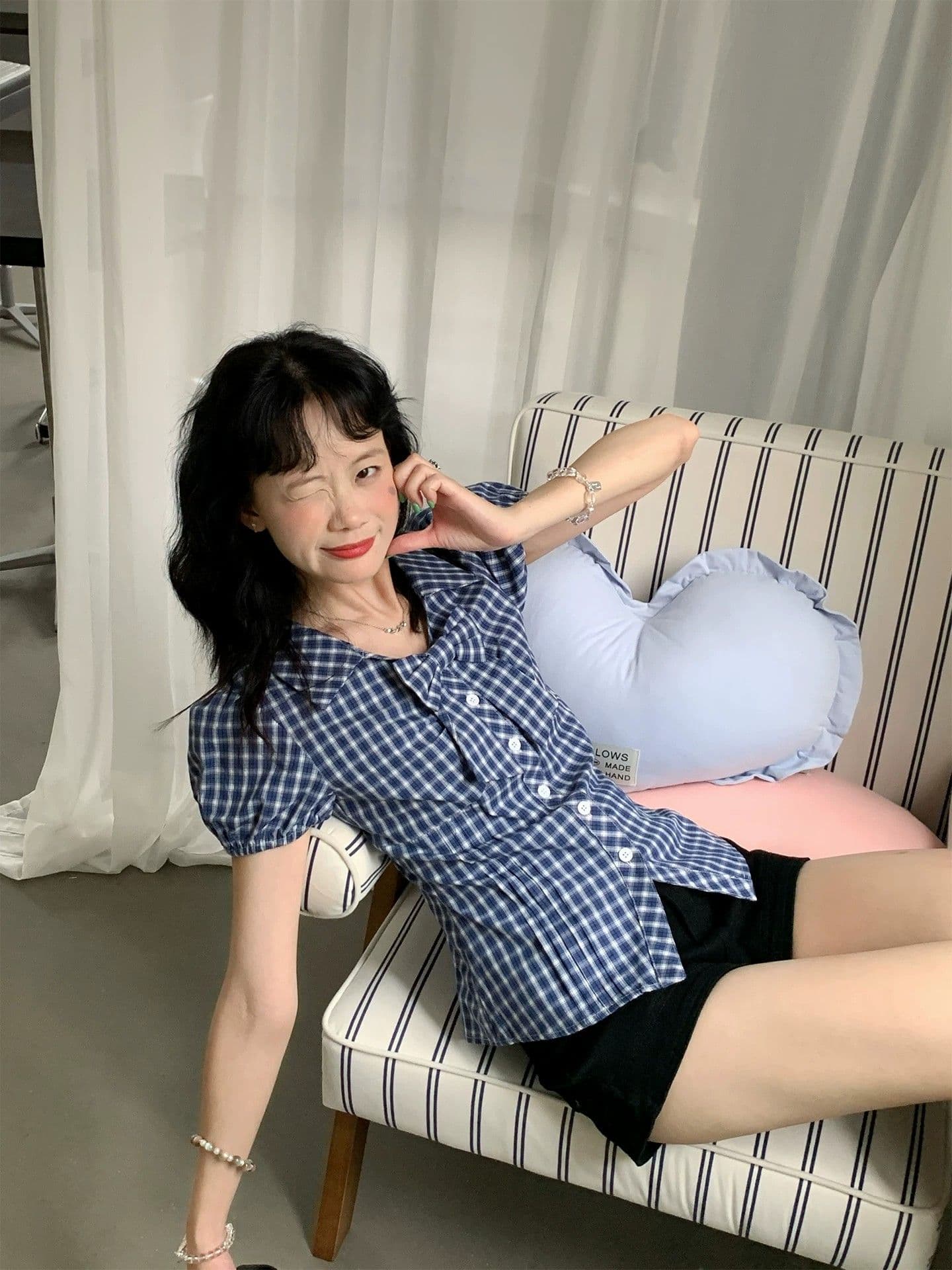 fan 한 부서 레트로 체크무늬 나비 매듭 거품 소매 반팔 여성 셔츠 여름 새로운 허리 수축 슬림해 보이는 맨위 상세 이미지 13