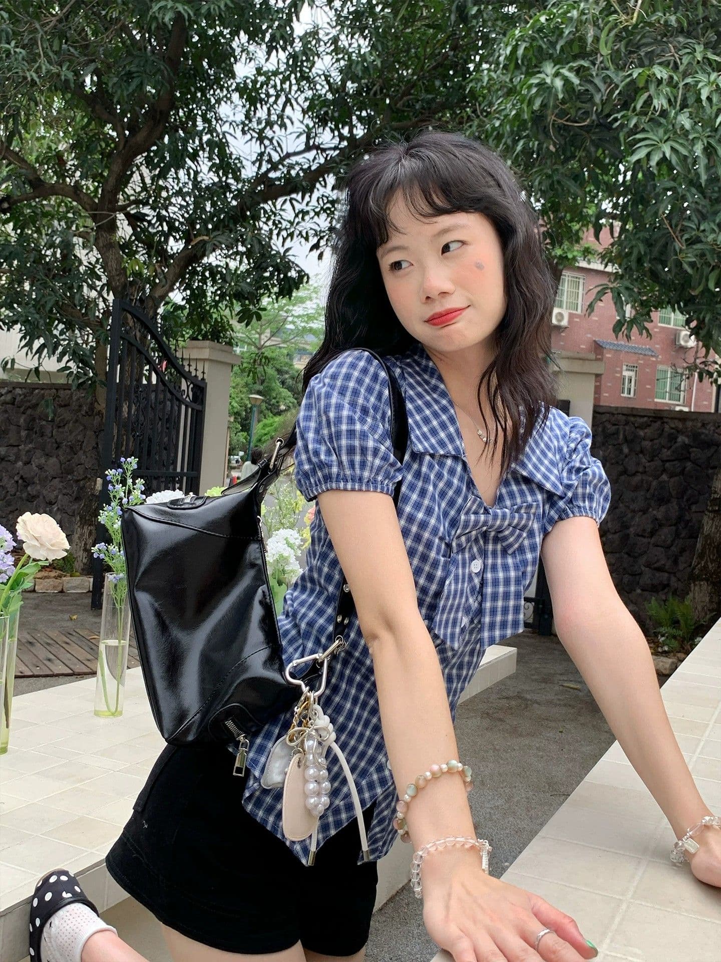 fan 한 부서 레트로 체크무늬 나비 매듭 거품 소매 반팔 여성 셔츠 여름 새로운 허리 수축 슬림해 보이는 맨위 상세 이미지 17