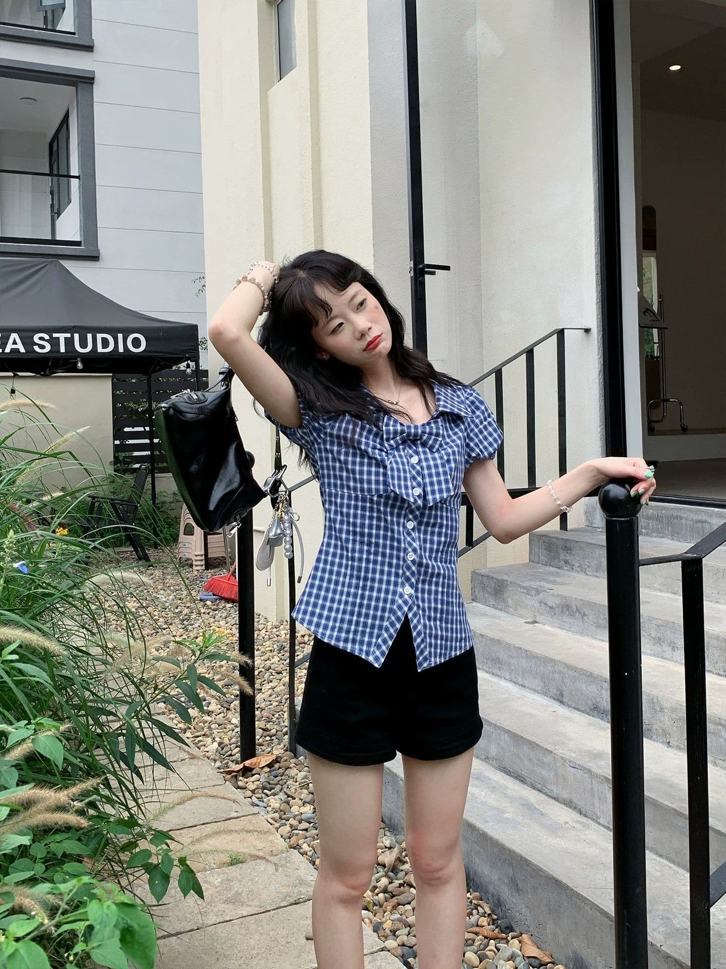 fan 한 부서 레트로 체크무늬 나비 매듭 거품 소매 반팔 여성 셔츠 여름 새로운 허리 수축 슬림해 보이는 맨위 상세 이미지 19