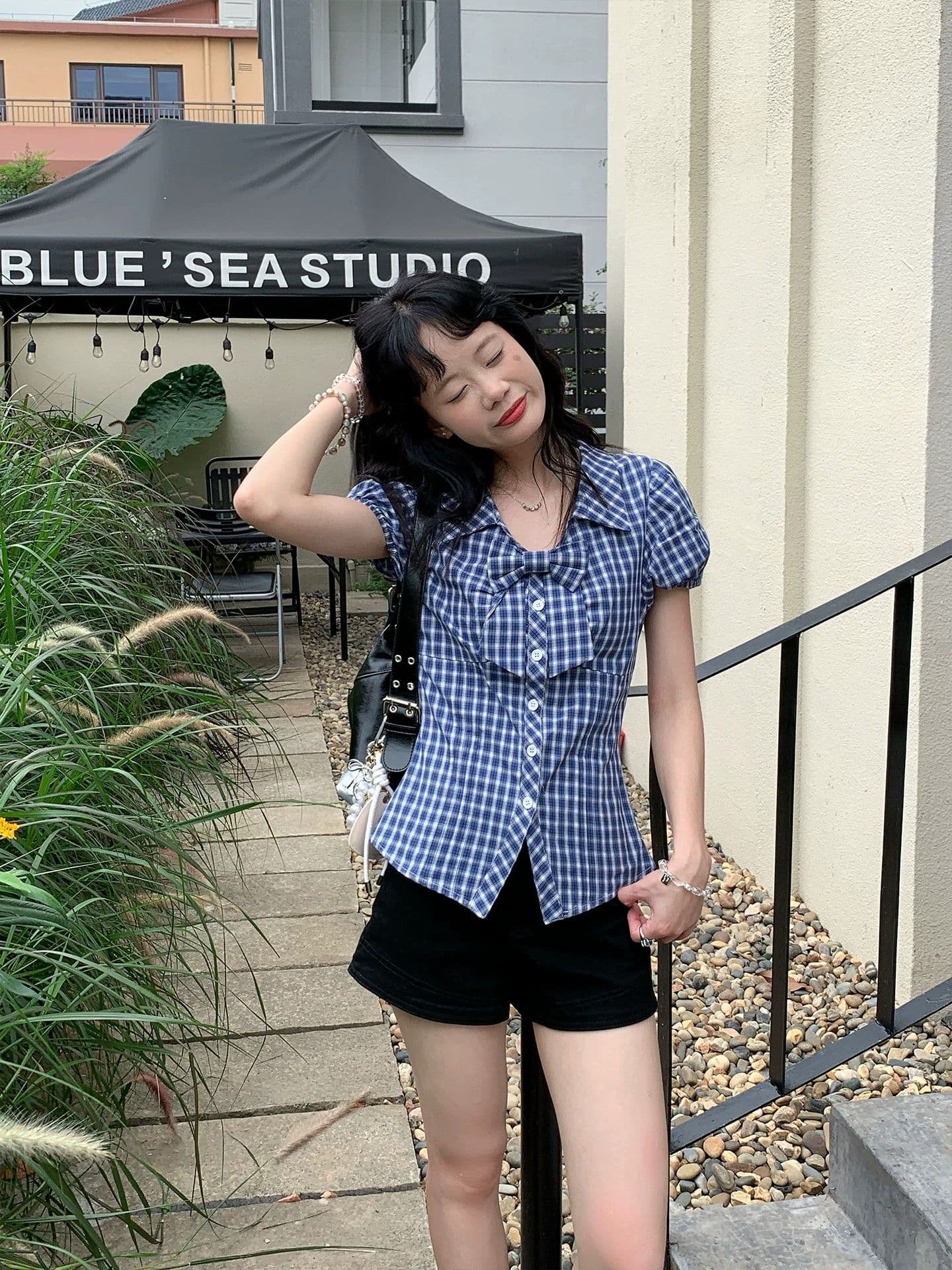 fan 한 부서 레트로 체크무늬 나비 매듭 거품 소매 반팔 여성 셔츠 여름 새로운 허리 수축 슬림해 보이는 맨위 상세 이미지 21