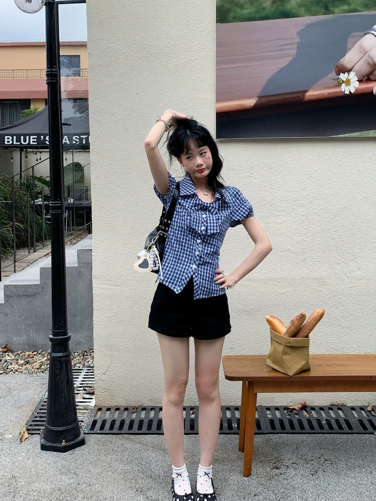 fan 한 부서 레트로 체크무늬 나비 매듭 거품 소매 반팔 여성 셔츠 여름 새로운 허리 수축 슬림해 보이는 맨위 상세 이미지 23