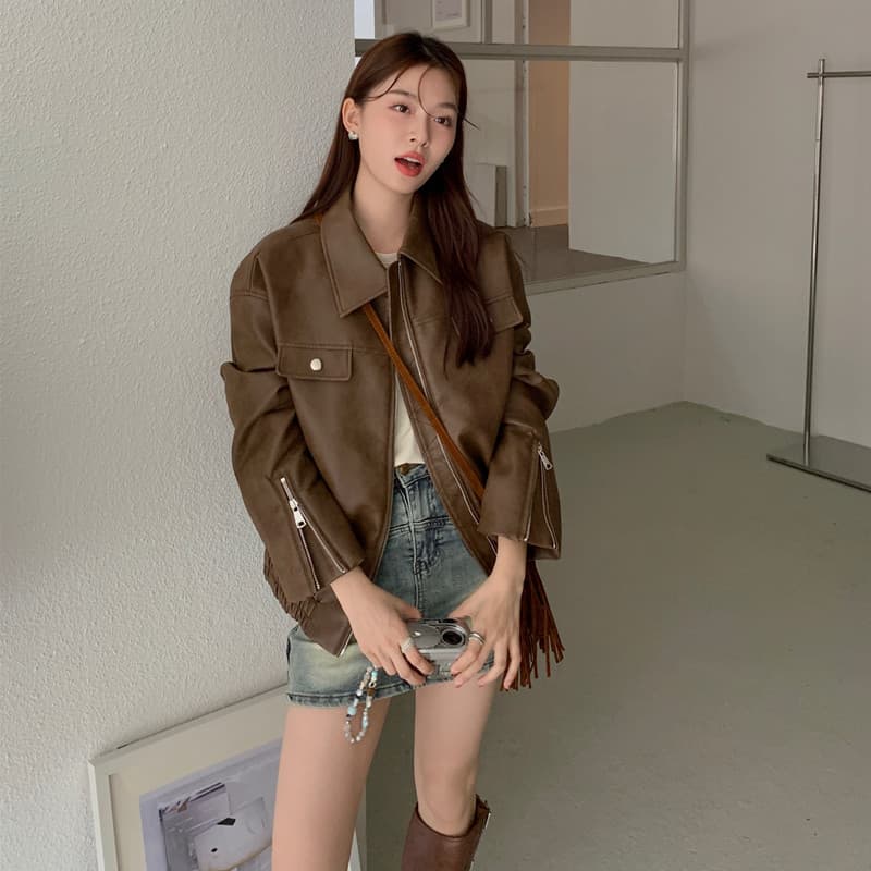 meme 온라인 스토어 가을 아메리칸 레트로 커피 색상 가죽 재킷 재킷 재킷 오래된 돈 바람 여성 코트 아름다움 라드. 착용 가져 가라. 이미지 2