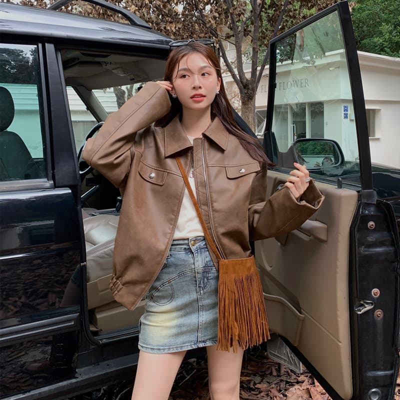 meme 온라인 스토어 가을 아메리칸 레트로 커피 색상 가죽 재킷 재킷 재킷 오래된 돈 바람 여성 코트 아름다움 라드. 착용 가져 가라. 이미지 3