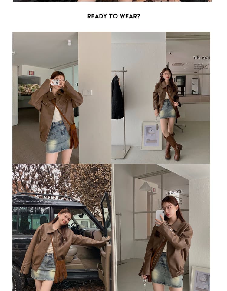 meme 온라인 스토어 가을 아메리칸 레트로 커피 색상 가죽 재킷 재킷 재킷 오래된 돈 바람 여성 코트 아름다움 라드. 착용 가져 가라. 상세 이미지 17