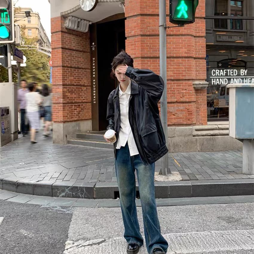 브라운 가죽 재킷 재킷 여성 짧은 2026 이른 가을 새로운 작은 키 항구 바람 레트로 캐주얼 오토바이 서비스 가죽 자켓 이미지 2