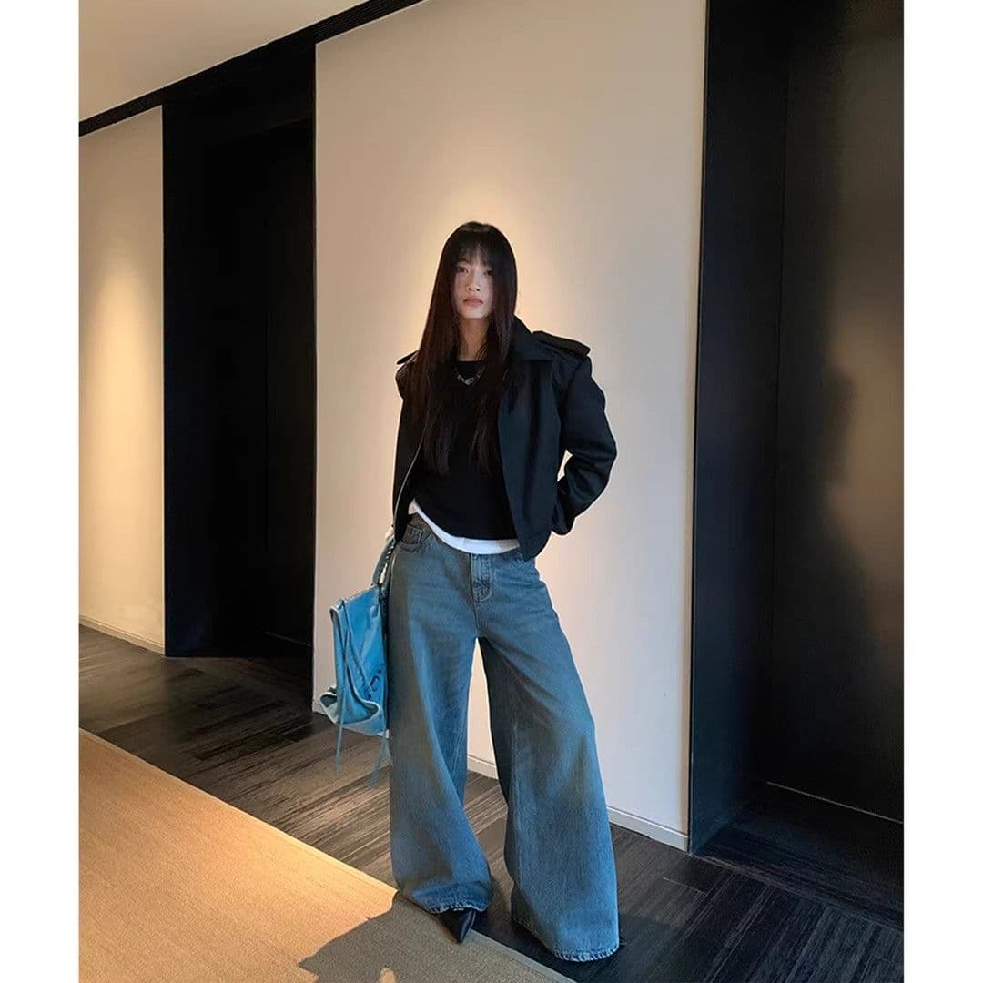 검정색 스탠드 칼라 넓은 어깨 여성 코트 가을 새로운 개성 단색 레트로 쇼트 스타일 캐주얼 다용도 재킷 맨위 트렌디 이미지 2