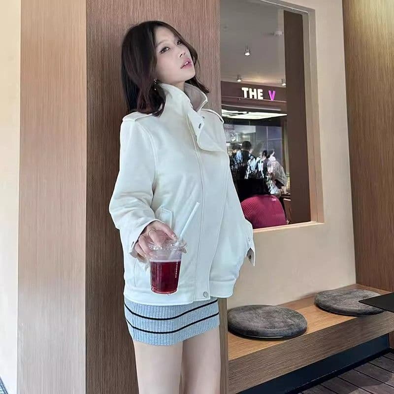 베이지 색 스탠드 칼라 긴팔 스웨이드 재킷 여성 의류 가을 고급 센스 루즈핏 품격 캐주얼 재킷 지퍼 맨위 이미지 2