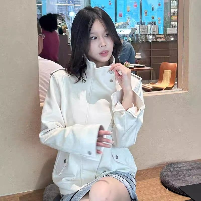 베이지 색 스탠드 칼라 긴팔 스웨이드 재킷 여성 의류 가을 고급 센스 루즈핏 품격 캐주얼 재킷 지퍼 맨위 이미지 5