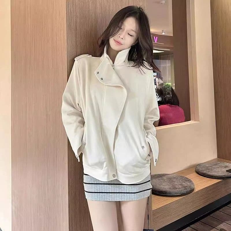 베이지 색 스탠드 칼라 긴팔 스웨이드 재킷 여성 의류 가을 고급 센스 루즈핏 품격 캐주얼 재킷 지퍼 맨위