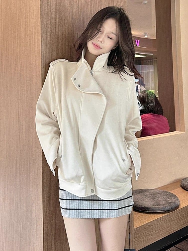 베이지 색 스탠드 칼라 긴팔 스웨이드 재킷 여성 의류 가을 고급 센스 루즈핏 품격 캐주얼 재킷 지퍼 맨위 상세 이미지 5