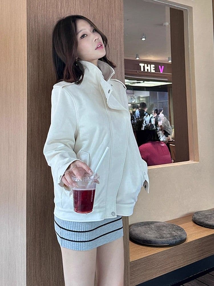 베이지 색 스탠드 칼라 긴팔 스웨이드 재킷 여성 의류 가을 고급 센스 루즈핏 품격 캐주얼 재킷 지퍼 맨위 상세 이미지 7
