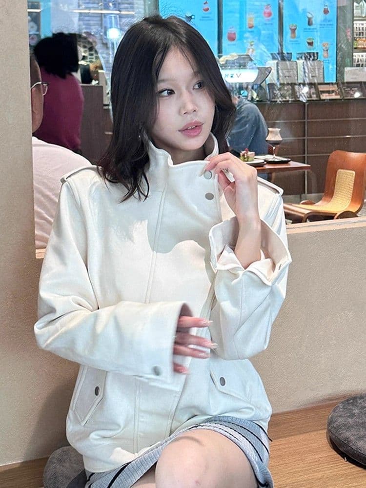 베이지 색 스탠드 칼라 긴팔 스웨이드 재킷 여성 의류 가을 고급 센스 루즈핏 품격 캐주얼 재킷 지퍼 맨위 상세 이미지 8