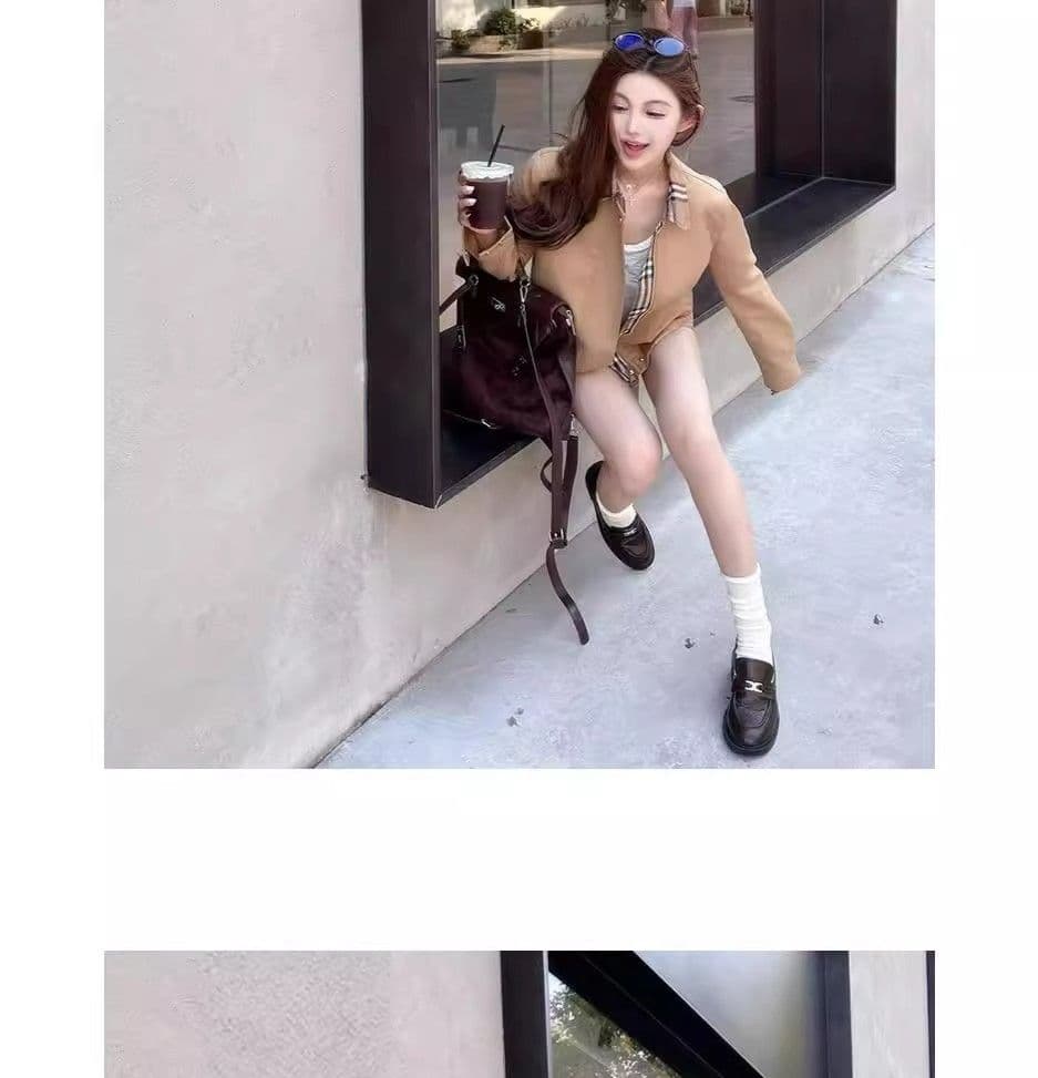 2026 봄 가을 새로운 도쿄 일몰 카키 색 체크무늬 바람막이 재킷 재킷 여성 짧은 프랑스식 품격 맨위 상세 이미지 5