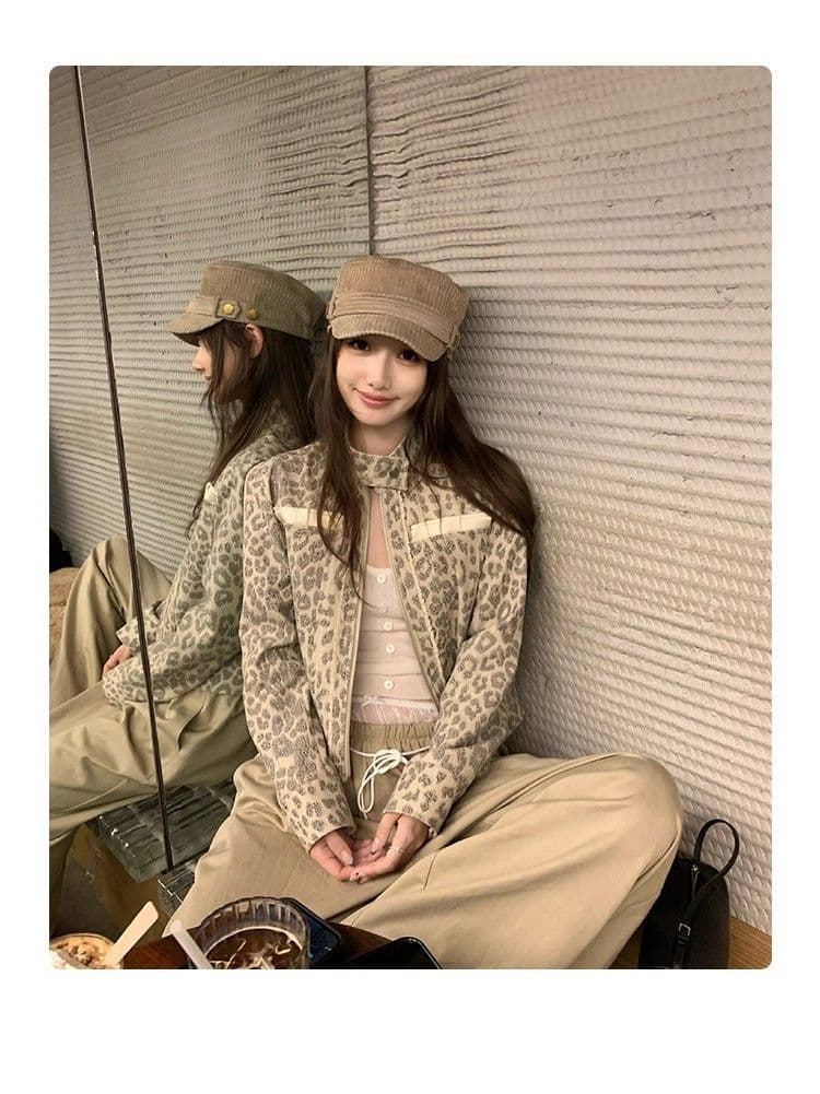 2026 새로운 레오파드 무늬 제한적 작은 대중 마 오래된 세트 염색 레오파드 무늬 프린트 스탠드 칼라 여성 코트 가을 상세 이미지 2