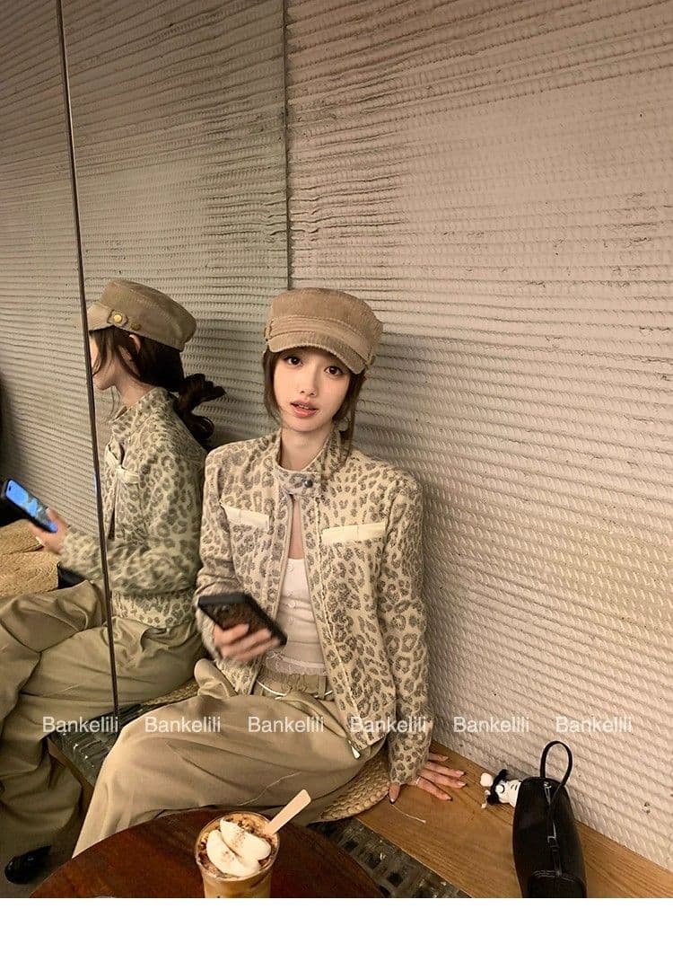 2026 새로운 레오파드 무늬 제한적 작은 대중 마 오래된 세트 염색 레오파드 무늬 프린트 스탠드 칼라 여성 코트 가을 상세 이미지 5