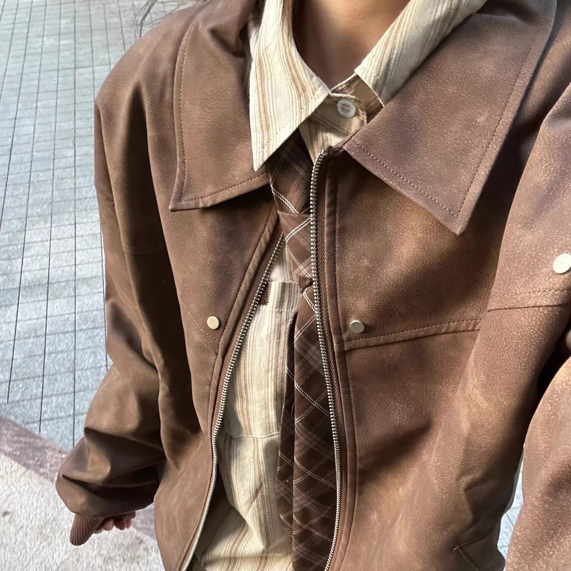 아름다움 라드. 아메리칸 레트로 브라운 가죽 재킷 재킷 남녀 2026 가을 새로운 디자인 센스 cleanfit 재킷 이미지 5