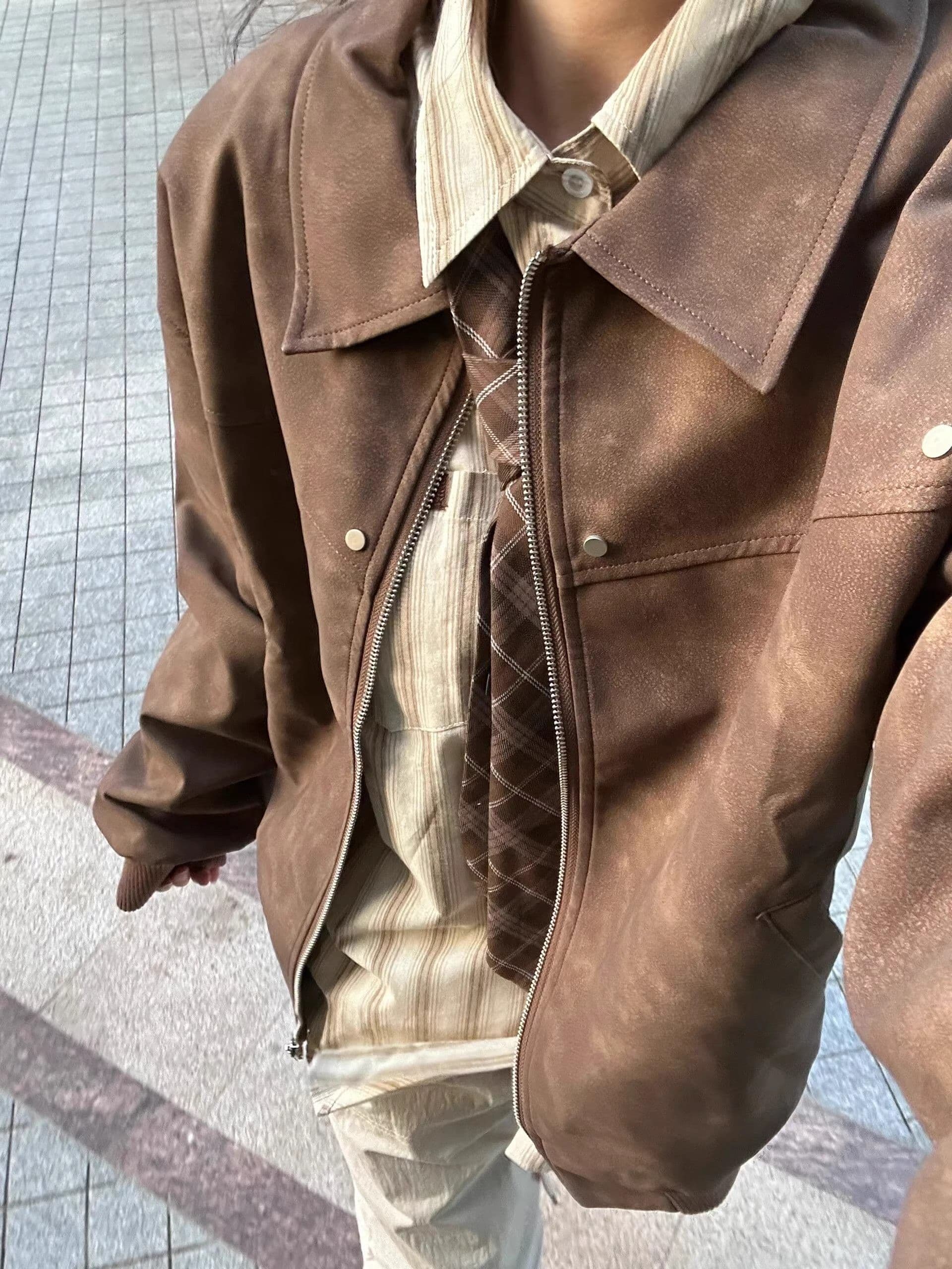 아름다움 라드. 아메리칸 레트로 브라운 가죽 재킷 재킷 남녀 2026 가을 새로운 디자인 센스 cleanfit 재킷 상세 이미지 2