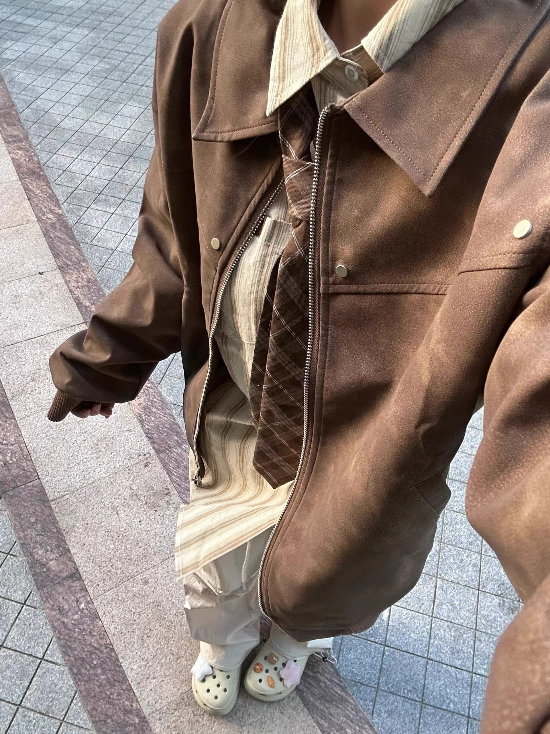 아름다움 라드. 아메리칸 레트로 브라운 가죽 재킷 재킷 남녀 2026 가을 새로운 디자인 센스 cleanfit 재킷 상세 이미지 3
