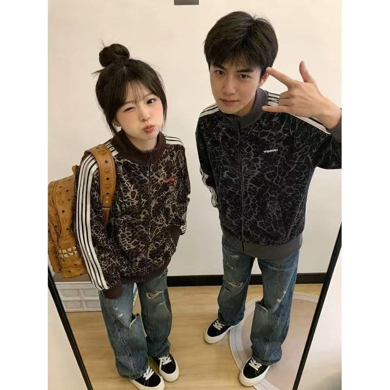 아메리칸 레트로 레오파드 무늬 재킷 남녀 2026 이른 가을 새로운 자수 스탠드 칼라 지퍼 오픈 가디건 상세 이미지 2