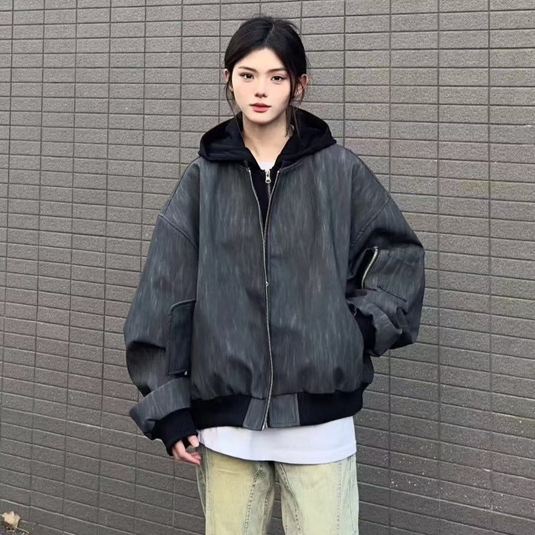 아메리칸 레트로 페이크 레이어드 후드 여성 코트 패션 레트로 조수 브랜드 디자인 센스 회색 가죽 재킷 루즈핏 맨위 트렌디 이미지 5