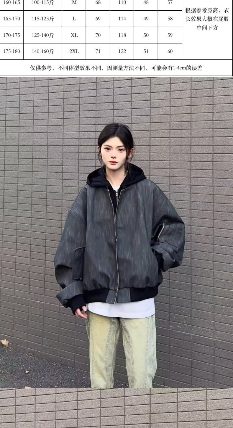 아메리칸 레트로 페이크 레이어드 후드 여성 코트 패션 레트로 조수 브랜드 디자인 센스 회색 가죽 재킷 루즈핏 맨위 트렌디 상세 이미지 2