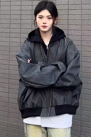 아메리칸 레트로 페이크 레이어드 후드 여성 코트 패션 레트로 조수 브랜드 디자인 센스 회색 가죽 재킷 루즈핏 맨위 트렌디 상세 이미지 4