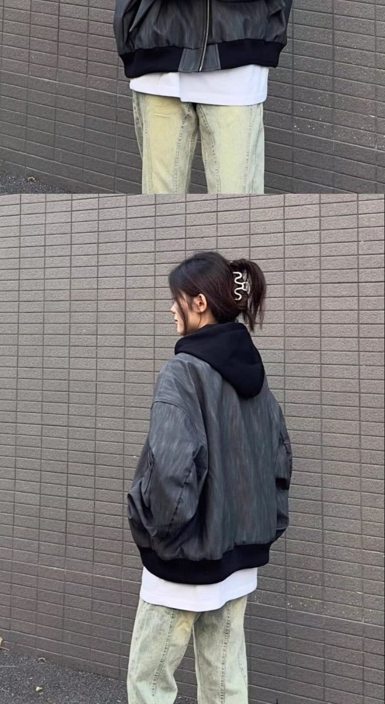 아메리칸 레트로 페이크 레이어드 후드 여성 코트 패션 레트로 조수 브랜드 디자인 센스 회색 가죽 재킷 루즈핏 맨위 트렌디 상세 이미지 6