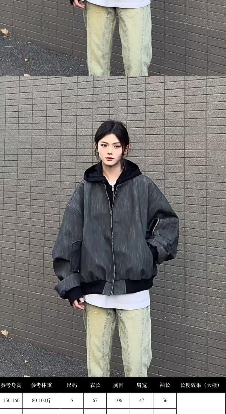 아메리칸 레트로 페이크 레이어드 후드 여성 코트 패션 레트로 조수 브랜드 디자인 센스 회색 가죽 재킷 루즈핏 맨위 트렌디 상세 이미지 10
