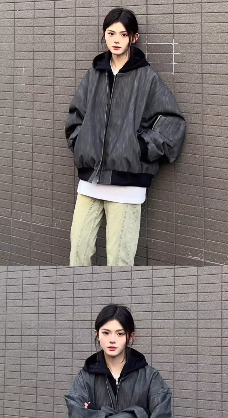 아메리칸 레트로 페이크 레이어드 후드 여성 코트 패션 레트로 조수 브랜드 디자인 센스 회색 가죽 재킷 루즈핏 맨위 트렌디 상세 이미지 11