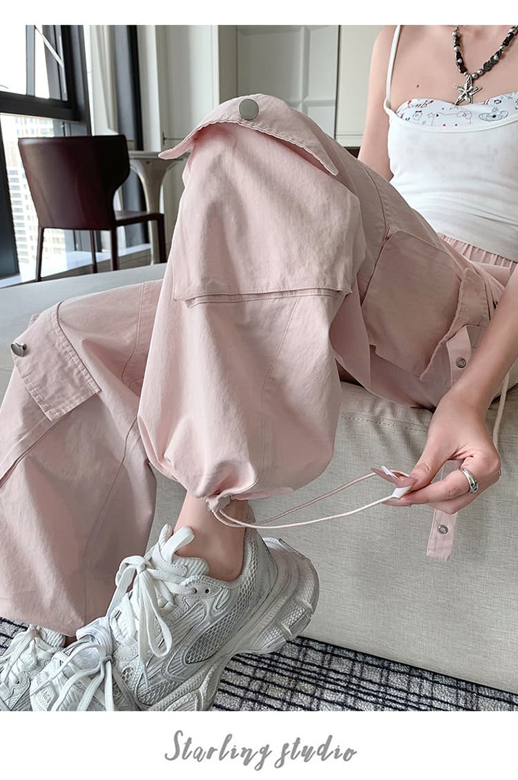 차가운 센스 얼음 실크 속도 건조한 워크웨어 팬츠 여성 여름 얇은 스타일 하이웨이스트 슬림해 보이는 조거 스트레이트 팬츠 캐주얼 운동 넓은 다리 길이 바지 상세 이미지 36