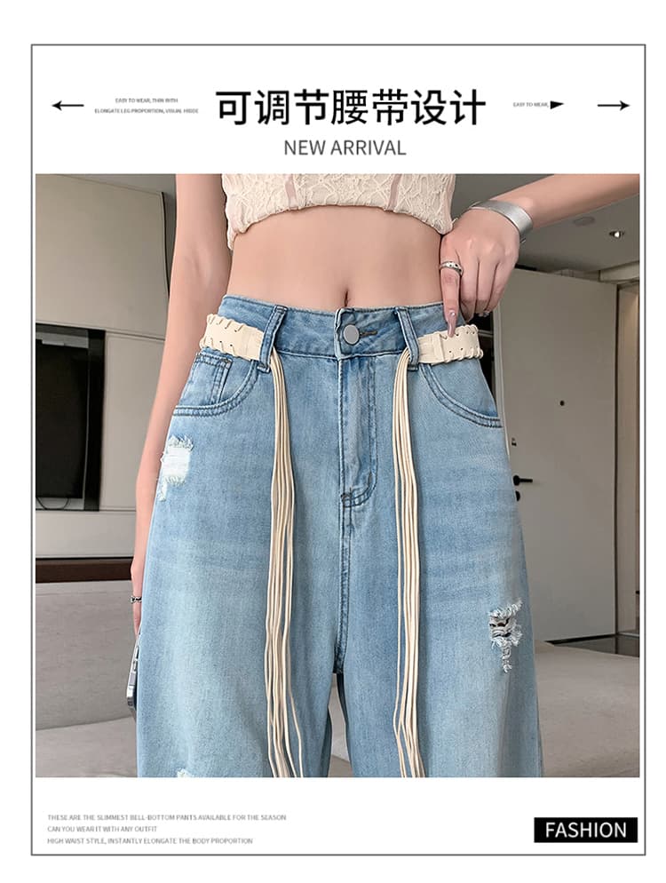 찢어진 부분 홀로우 아웃 레이스 스트레이트 청바지 여성 2026 봄 여름 패션 외국 가스 디자인 센스 넓은 다리 루즈핏 와이드 레그 팬츠 상세 이미지 4