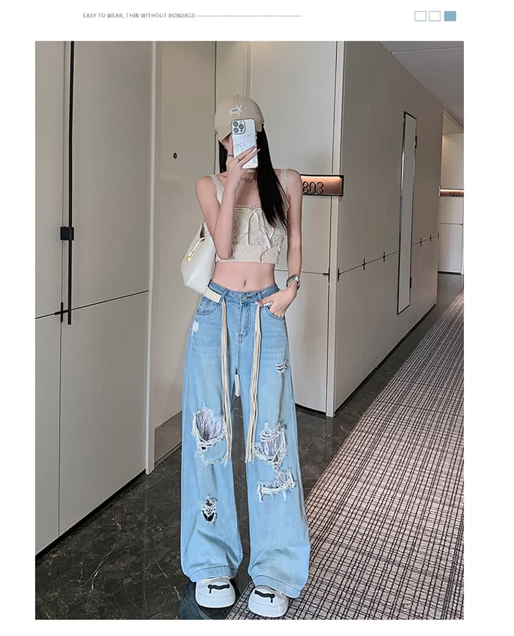 찢어진 부분 홀로우 아웃 레이스 스트레이트 청바지 여성 2026 봄 여름 패션 외국 가스 디자인 센스 넓은 다리 루즈핏 와이드 레그 팬츠 상세 이미지 15