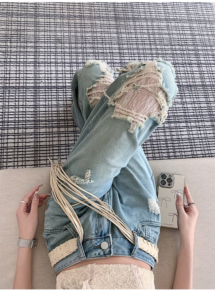 찢어진 부분 홀로우 아웃 레이스 스트레이트 청바지 여성 2026 봄 여름 패션 외국 가스 디자인 센스 넓은 다리 루즈핏 와이드 레그 팬츠 상세 이미지 28