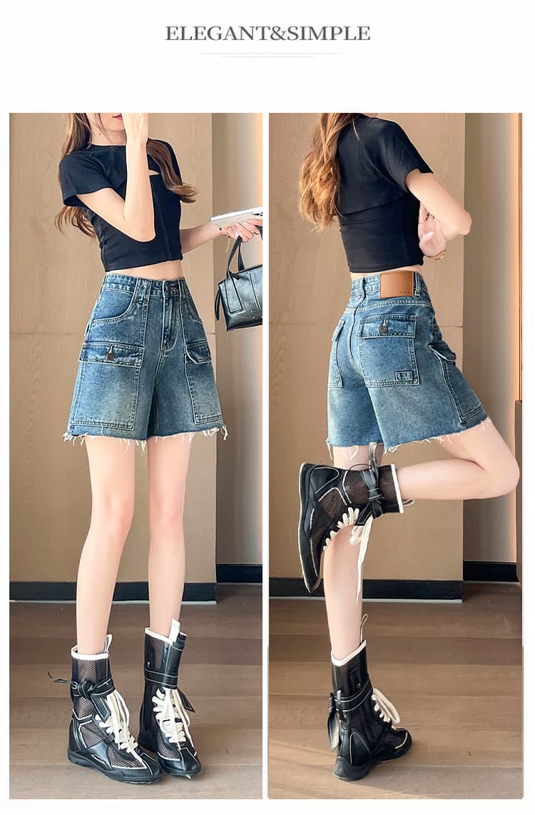 아메리칸 레트로 워크웨어 데님 반바지 여성 2026 여름 루즈핏 기타 주머니 스트레이트 4 점 바지 작은 키 바지 상세 이미지 15