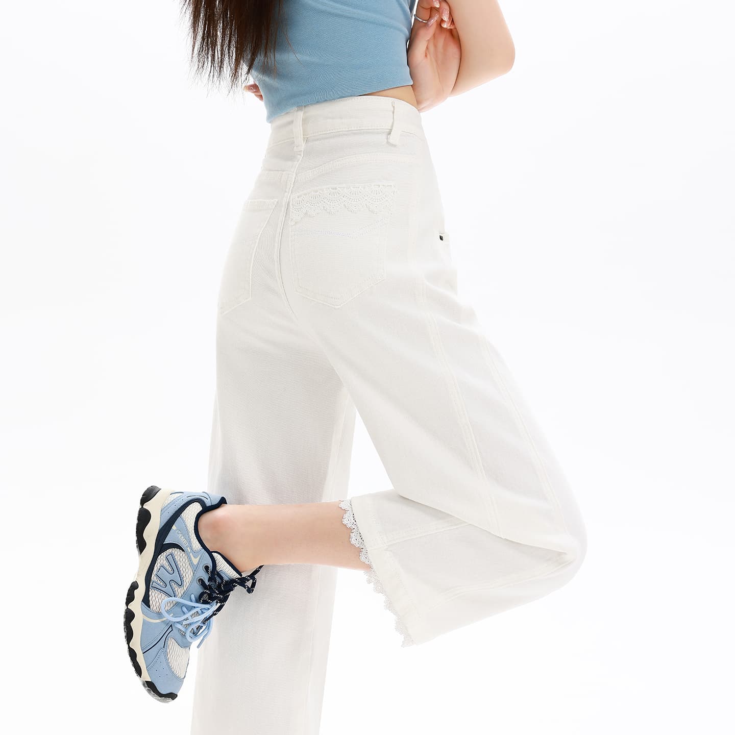 뒤집다 측면 데님 와이드 레깅스 바지 슈퍼 화재 레이스 레이스 바지 봄 하이웨이스트 스트레이트 루즈핏 작은 키 7부 바지 이미지 5
