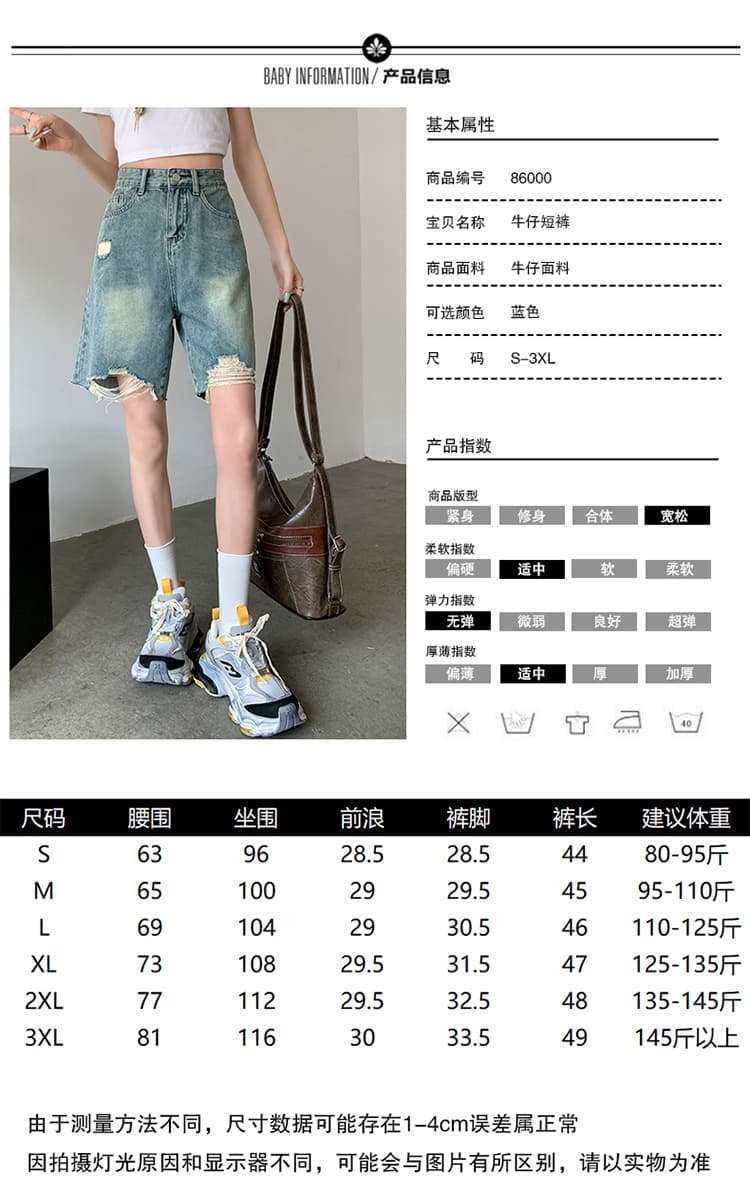 파란색 5 점 반바지 여성 여름 데님 2026 년 새로운 여름 얇은 스타일 루즈핏 슬림해 보이는 바지 찢어진 부분 청바지 상세 이미지 7