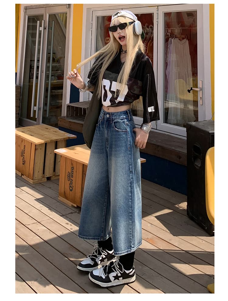 아메리칸 레트로 워싱 균열 넓은 다리 7 점 청바지 여성 bf 느긋한 바람 루즈핏 슬림해 보이는 스트레이트 바지 여름 상세 이미지 11