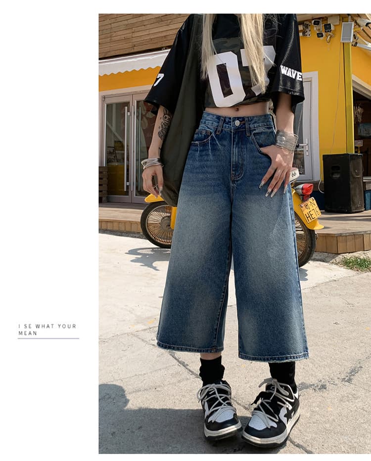아메리칸 레트로 워싱 균열 넓은 다리 7 점 청바지 여성 bf 느긋한 바람 루즈핏 슬림해 보이는 스트레이트 바지 여름 상세 이미지 12
