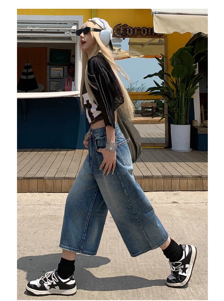 아메리칸 레트로 워싱 균열 넓은 다리 7 점 청바지 여성 bf 느긋한 바람 루즈핏 슬림해 보이는 스트레이트 바지 여름 상세 이미지 17