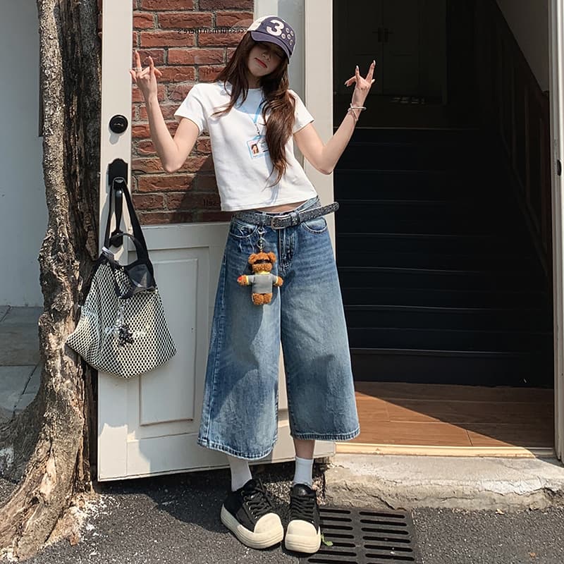 아메리칸 레트로 워싱 균열 넓은 다리 7 점 청바지 여성 bf 느긋한 바람 루즈핏 슬림해 보이는 스트레이트 바지 여름