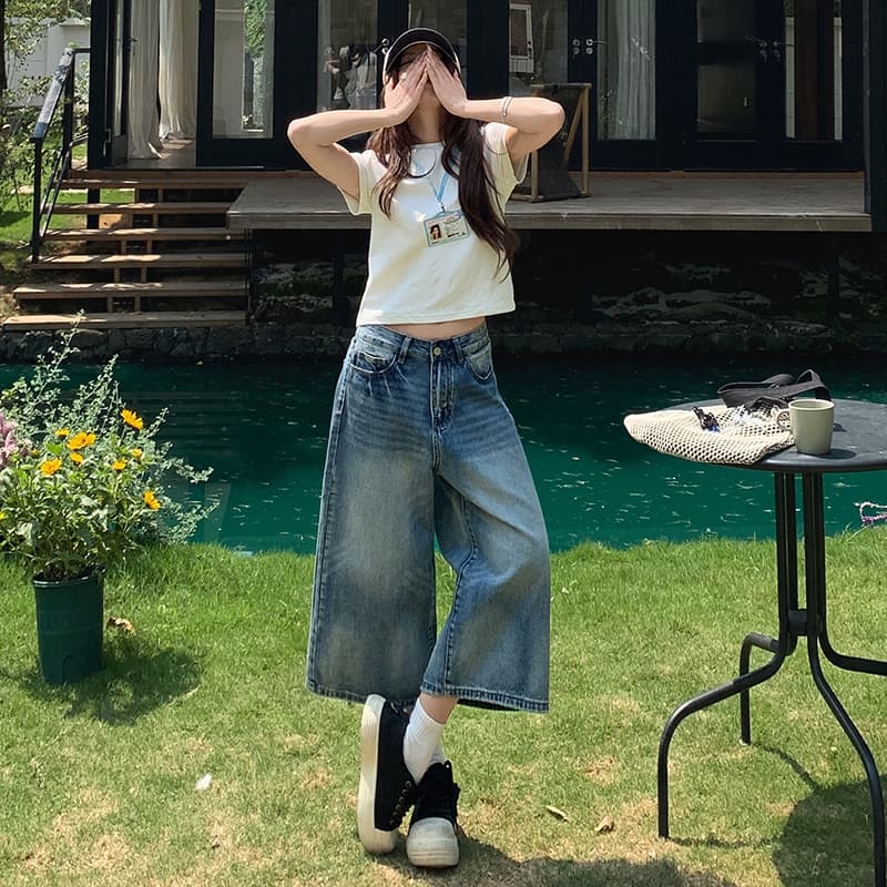 아메리칸 레트로 워싱 균열 넓은 다리 7 점 청바지 여성 bf 느긋한 바람 루즈핏 슬림해 보이는 스트레이트 바지 여름 이미지 5